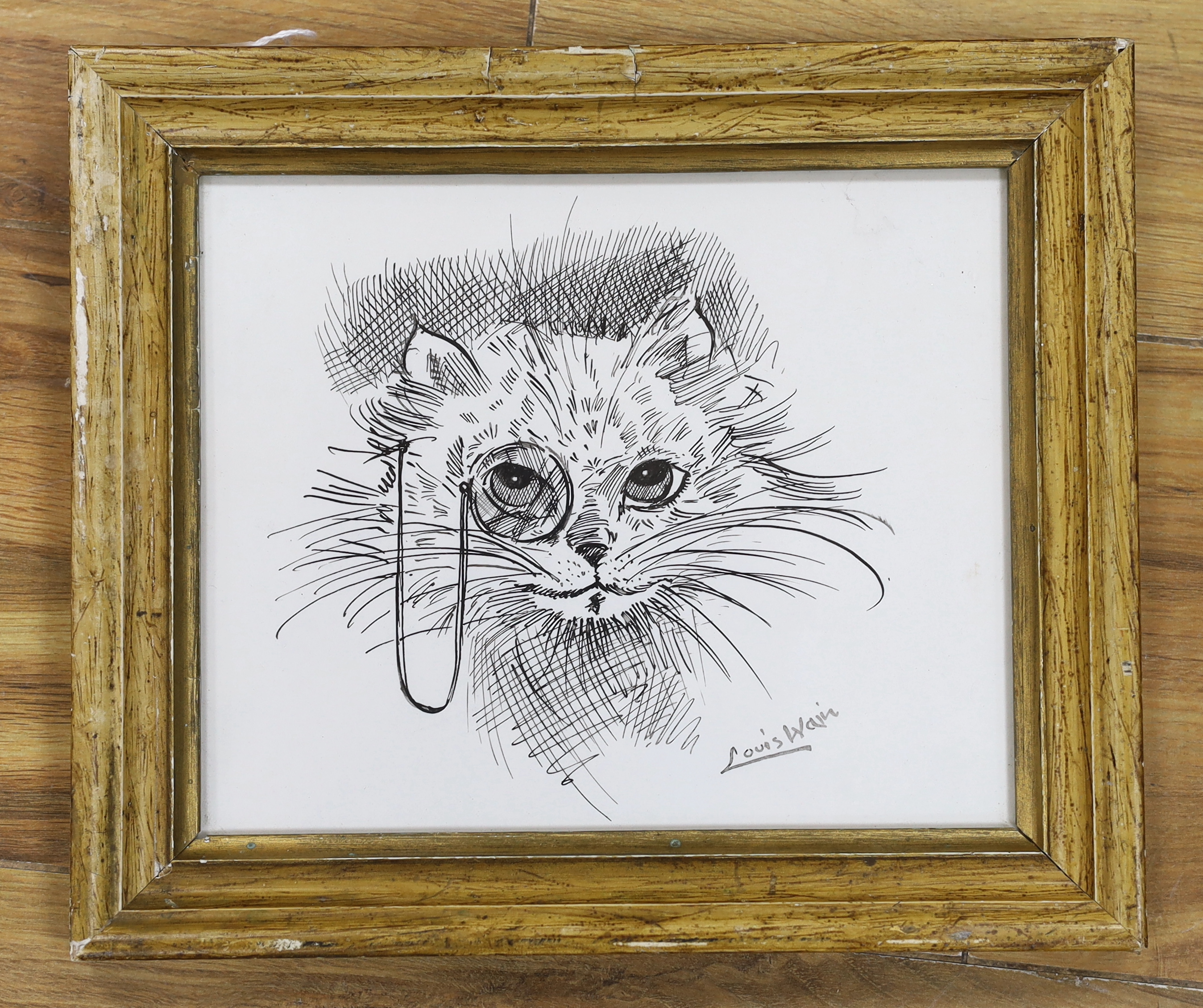 After Louis Wain (1860-1939), ink sketch, Comical study of a cat wearing a monocle, bears signature, 16 x 19cm